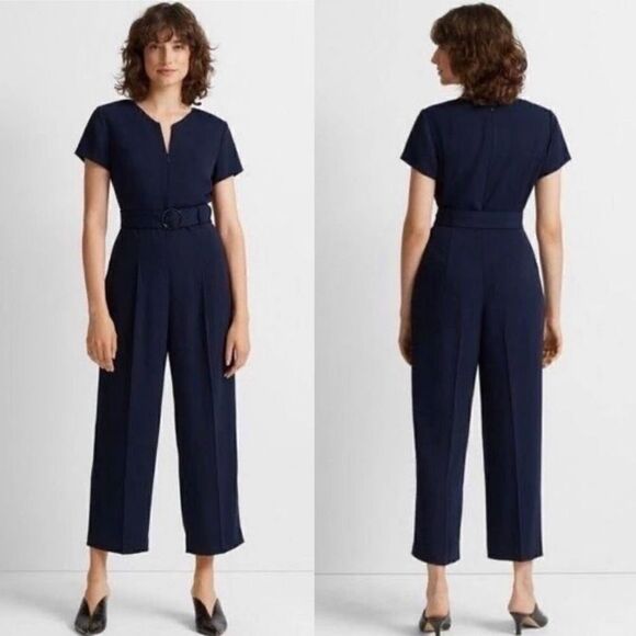Club Monaco Hidden Zip Jumpsuit Belted V-Neck Pleated Cropped Navy Women Size 0 - Picture 1 of 10